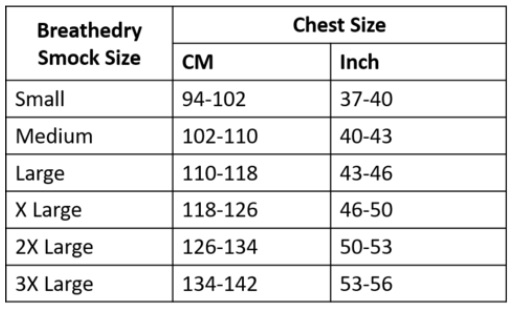 Arbortec Breathedry Smock - Size Chart